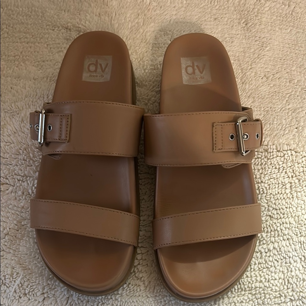 Tan Slide Sandals with Buckle